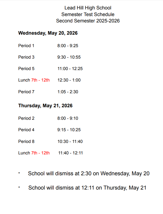 Semester exams May 20-21 -- Dismiss at 2:30 on 5/20 and 12:11 on 5/21