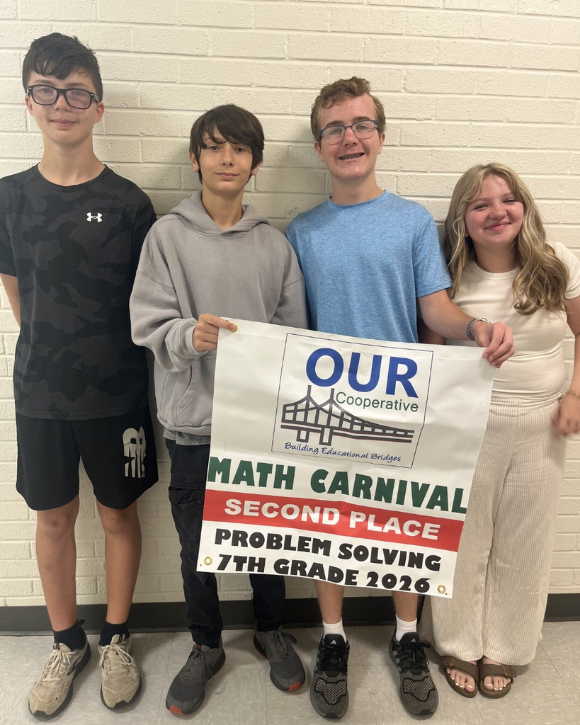A group of our 3rd-8th graders attended Math Carnival at Northark last week. Congratulations to our 7th Grade Problem Solving Team, Andrew Shekels, Brian McCoy, Isaac Smith, and Kaydence Richardson, for placing 2nd place overall! Great job, Tigers!!