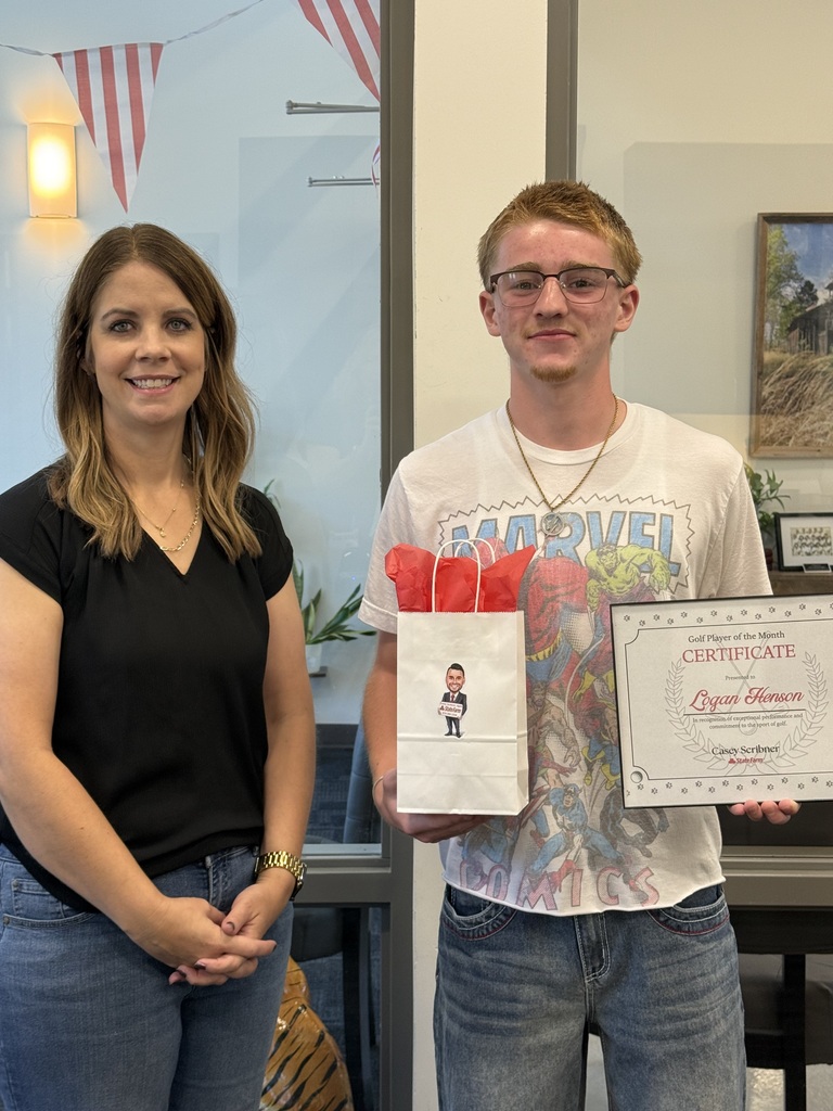 Congratulations to Hattie Hughes and Logan Henson for being recognized as Casey Scribner State Farm Players of the Month for their outstanding performances on the golf course! Great job, Tigers! 🐯⛳