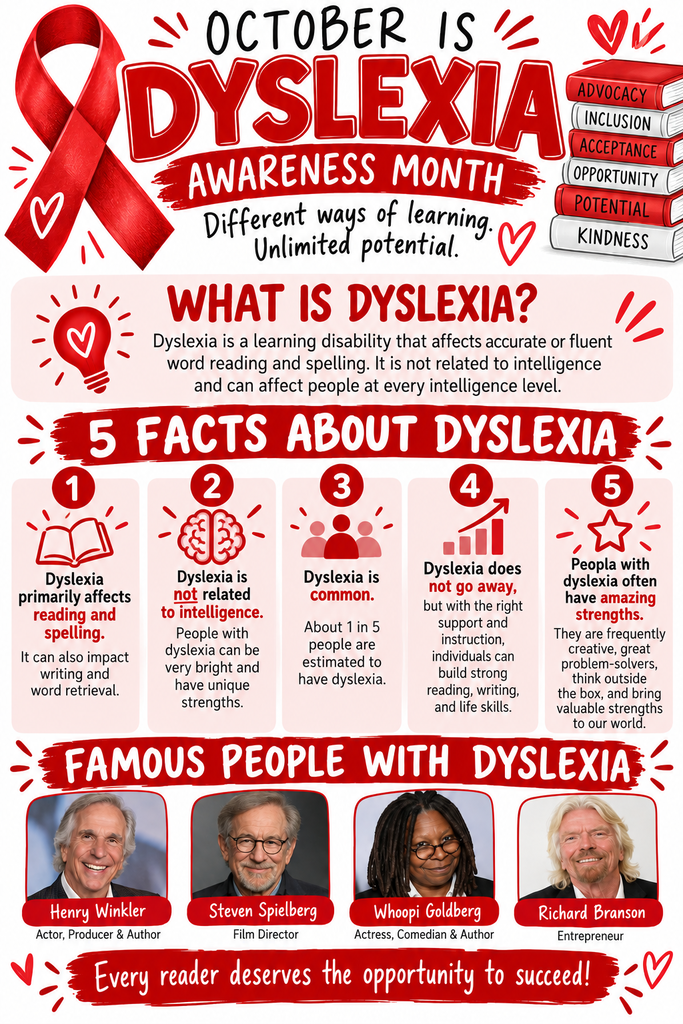 October is Dyslexia Awareness Month! Let's work together to spread awareness and advocate for early support that helps every learner thrive. Every reader deserves the opportunity to succeed! ❤️🤍