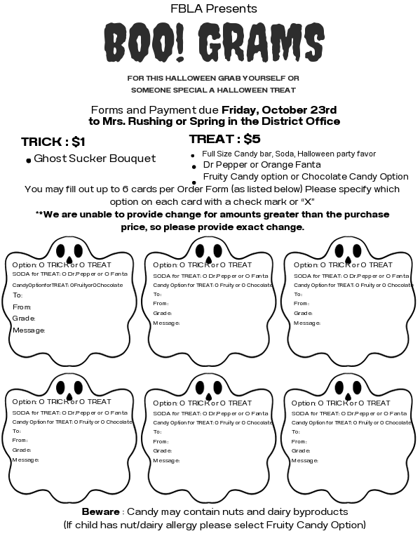 Grab yourself or someone special a Halloween treat presented by Lead Hill FBLA! 👻🍬 Boo Gram order forms & payment are due Friday, October 23rd to Mrs. Rushing or Spring in the District Office. 