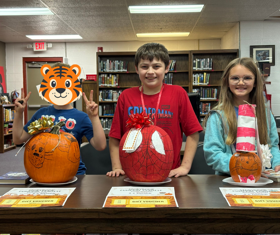 Congratulations to our Storybook Pumpkin Contest Winners! They received gift certificates to the Book Fair that will be held in November!🎃📖 4th-6th Grade Division: Ezekiel Lowe, 1st place; Keith Grinder, 2nd place; Eleanor Archer, 3rd place