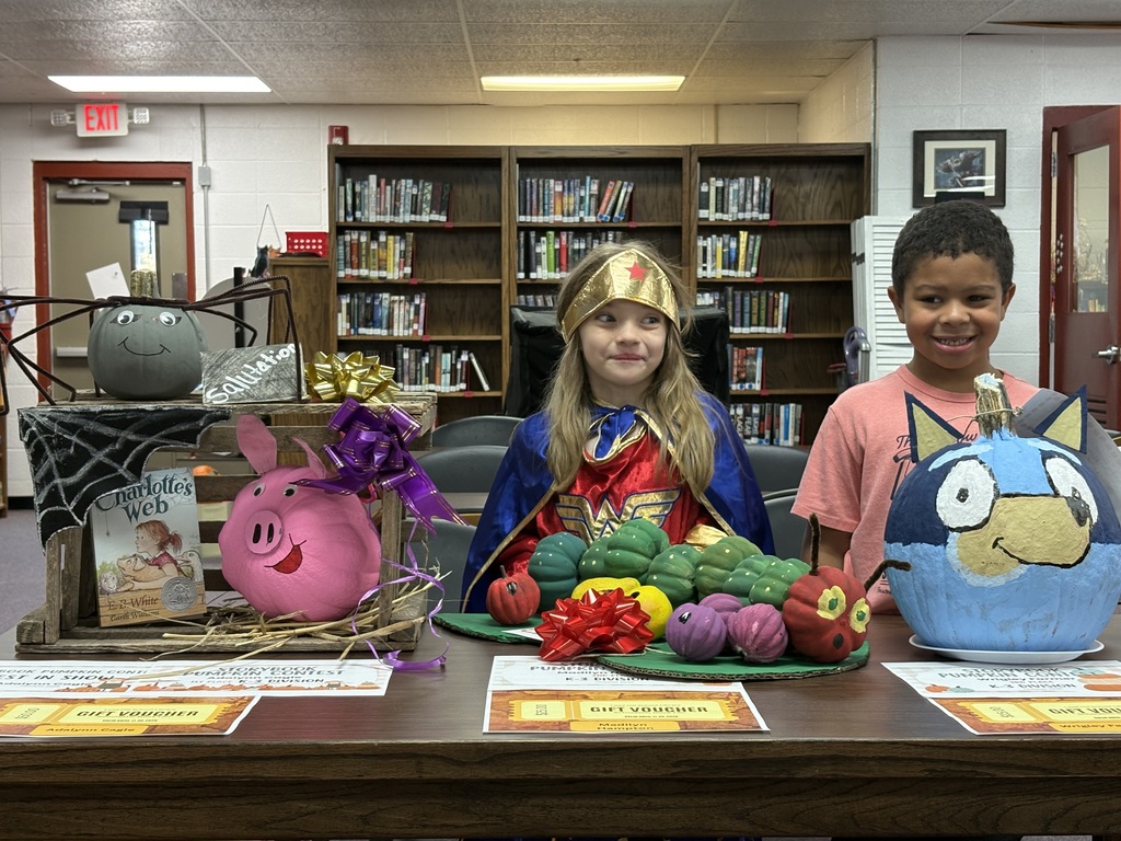 Congratulations to our Storybook Pumpkin Contest Winners! They received gift certificates to the Book Fair that will be held in November!🎃📖 K-3rd Grade Division: Adalynn Cagle, 1st place & Best In Show (Most overall votes); Madilyn Hampton, 2nd place; Wrigley Farmer, 3rd place