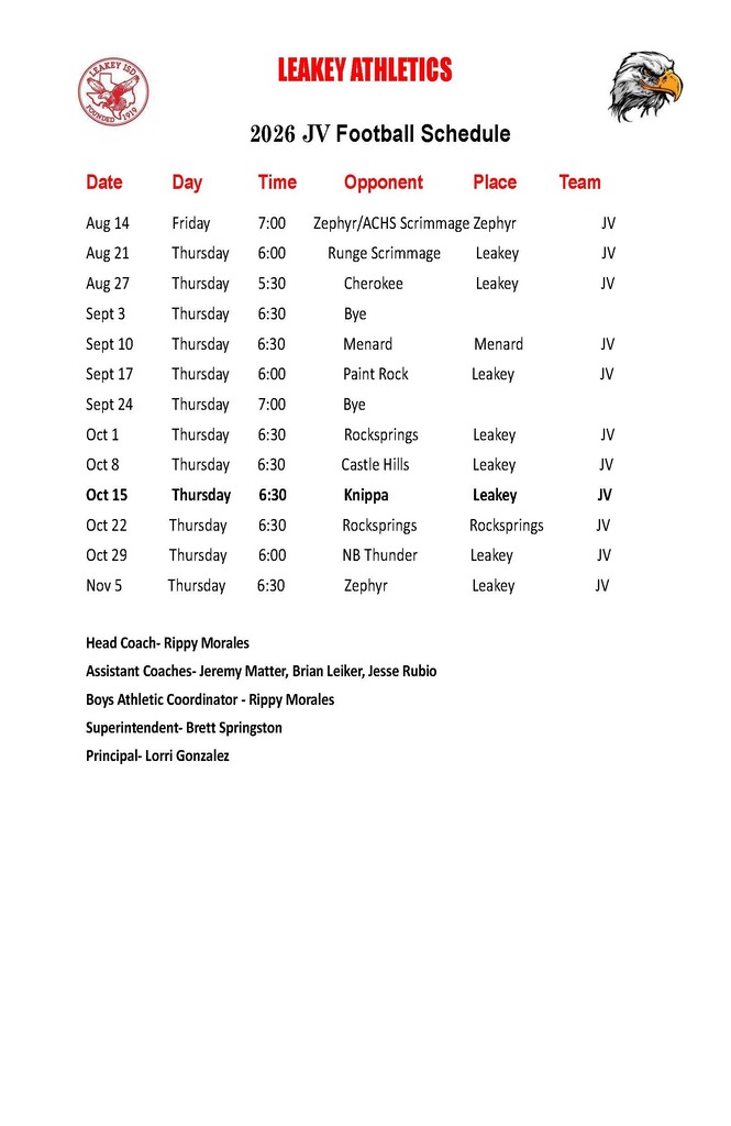 Football Schedule JV