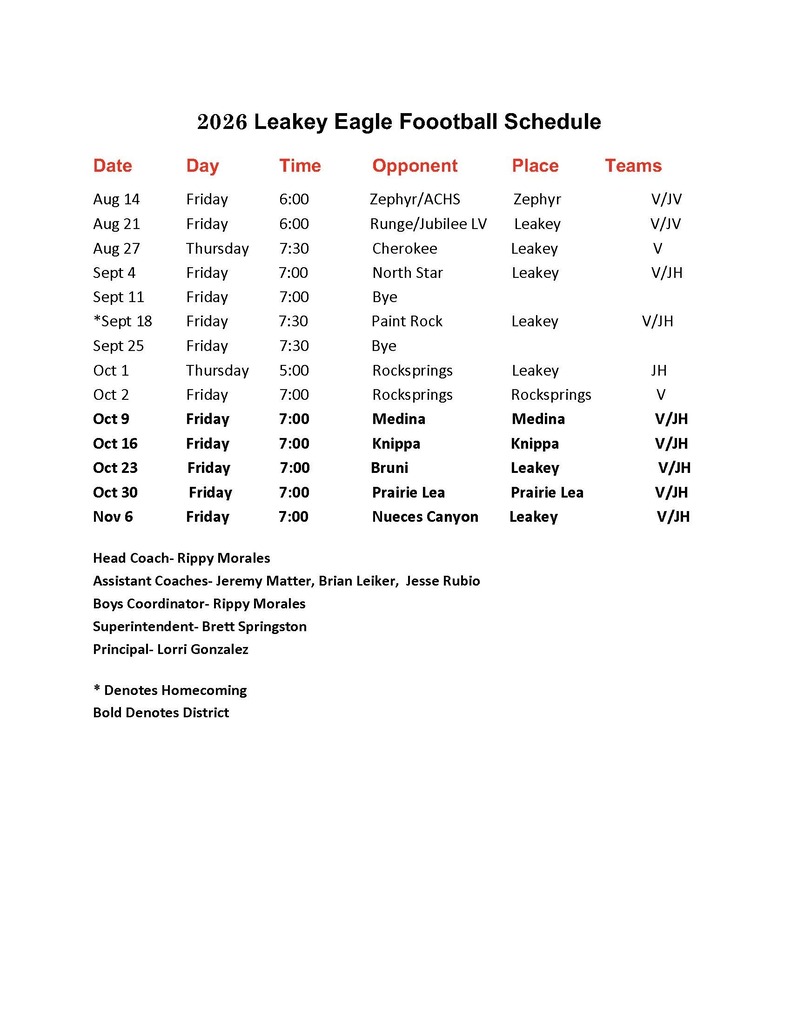 Leakey Eagle Football Schedule r9-10-2026