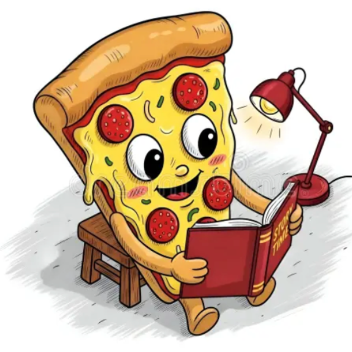 Slice of pizza reading a book.