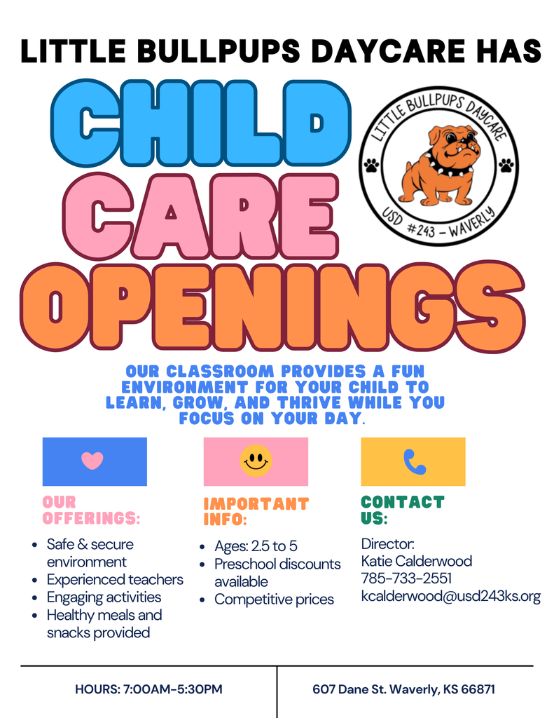 Little Bullpups Daycare has openings for children ages 2.5 - 5 years old. Schedule an appointment today to tour our facility!