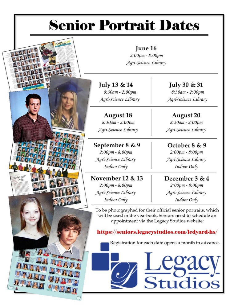 A colorful flier reminds seniors and their parents to sign up for senior portrait sessions on July 16, August 4, or August 25.