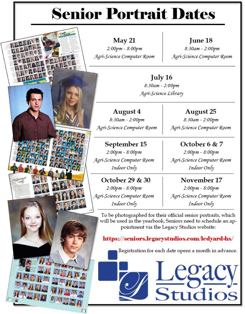 A colorful flier reminds seniors and their parents to sign up for senior portrait sessions on July 16, August 4, or August 25.
