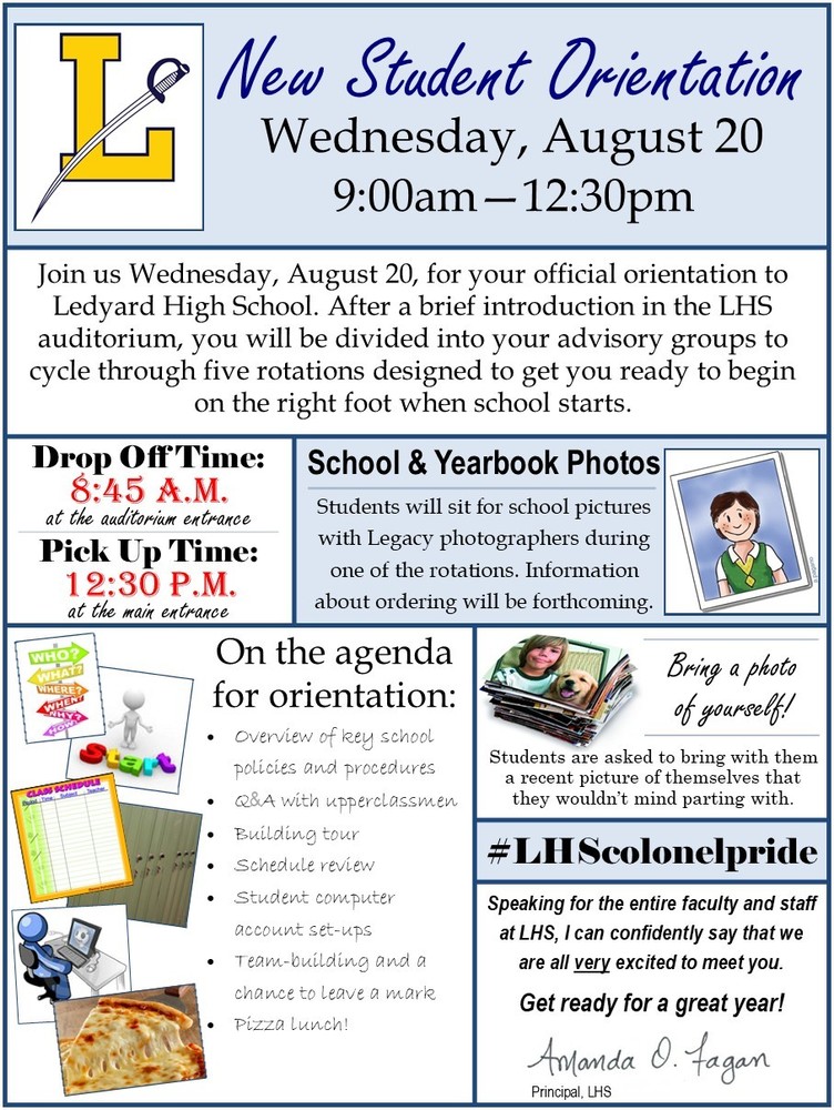 A colorful flier advertises the details of New Student Orientation on Wednesday, 8/20/2025, from 9am - Noon