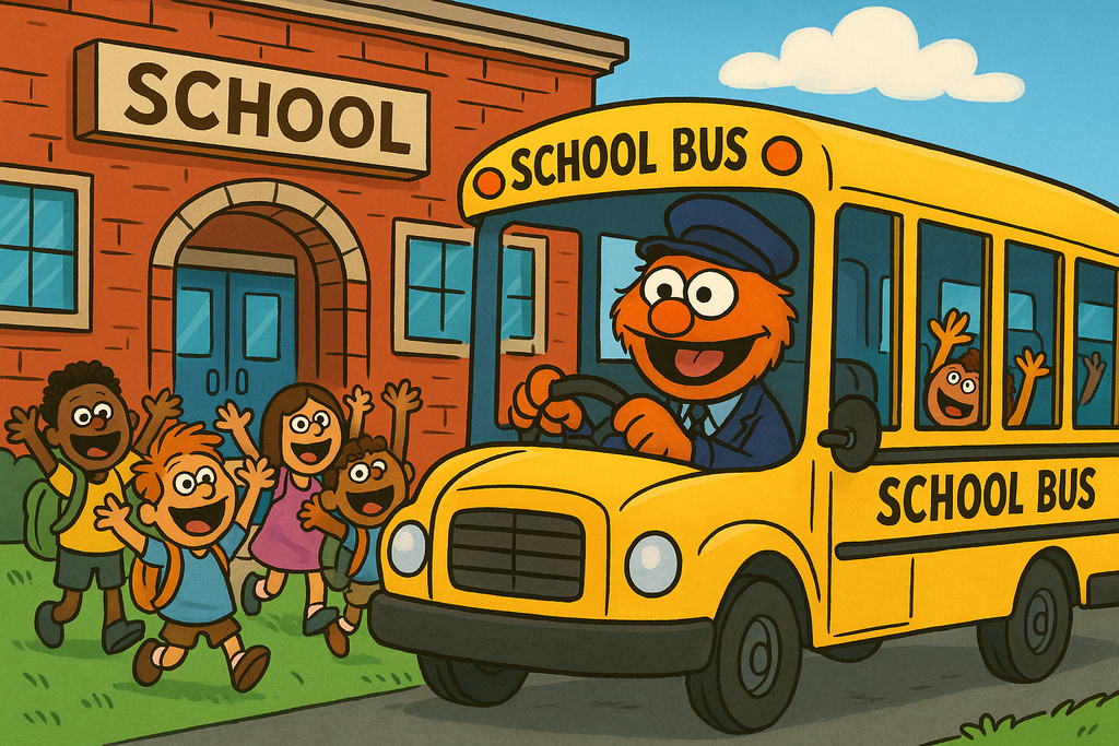 Cartoon bus with characters at a school