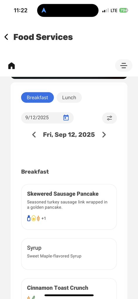 screenshot of app page that includes food service menu
