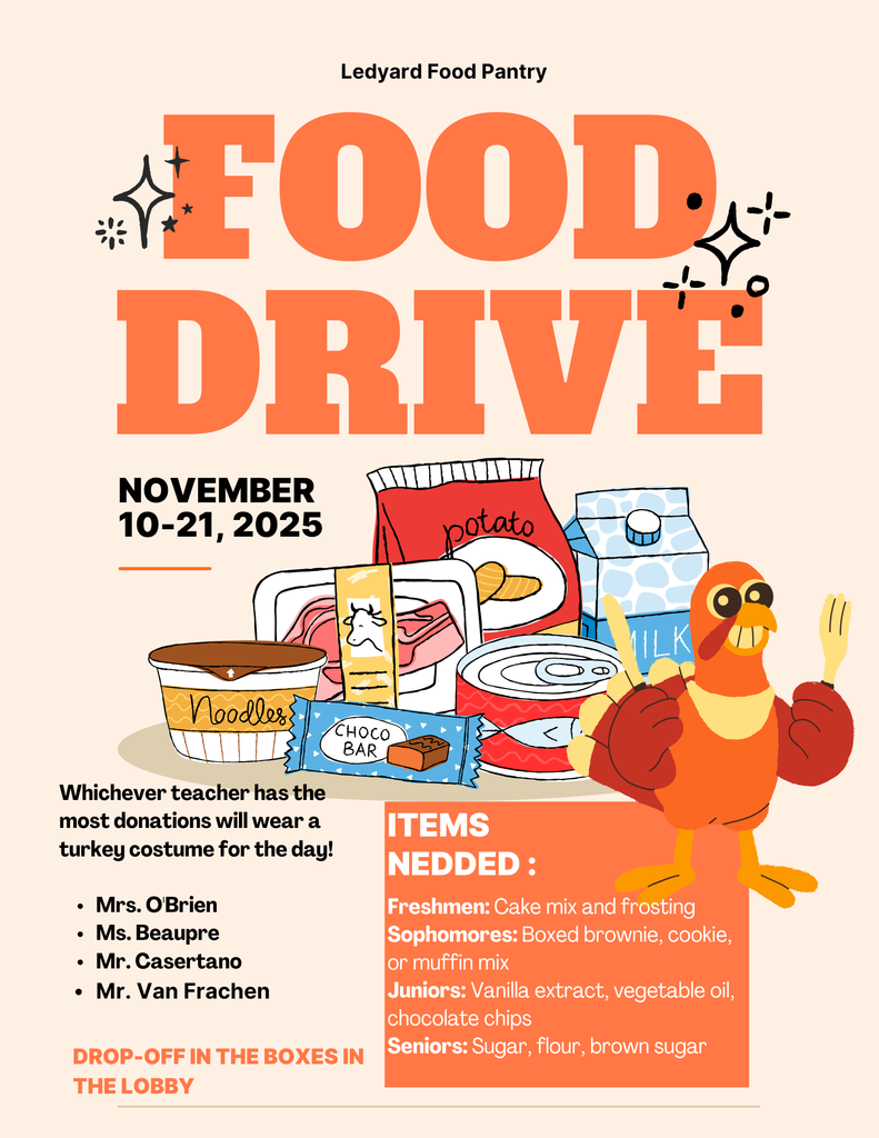 An informational flyer notes a food drive from November 10-21 and requests that baking necessities be donated by each grade
