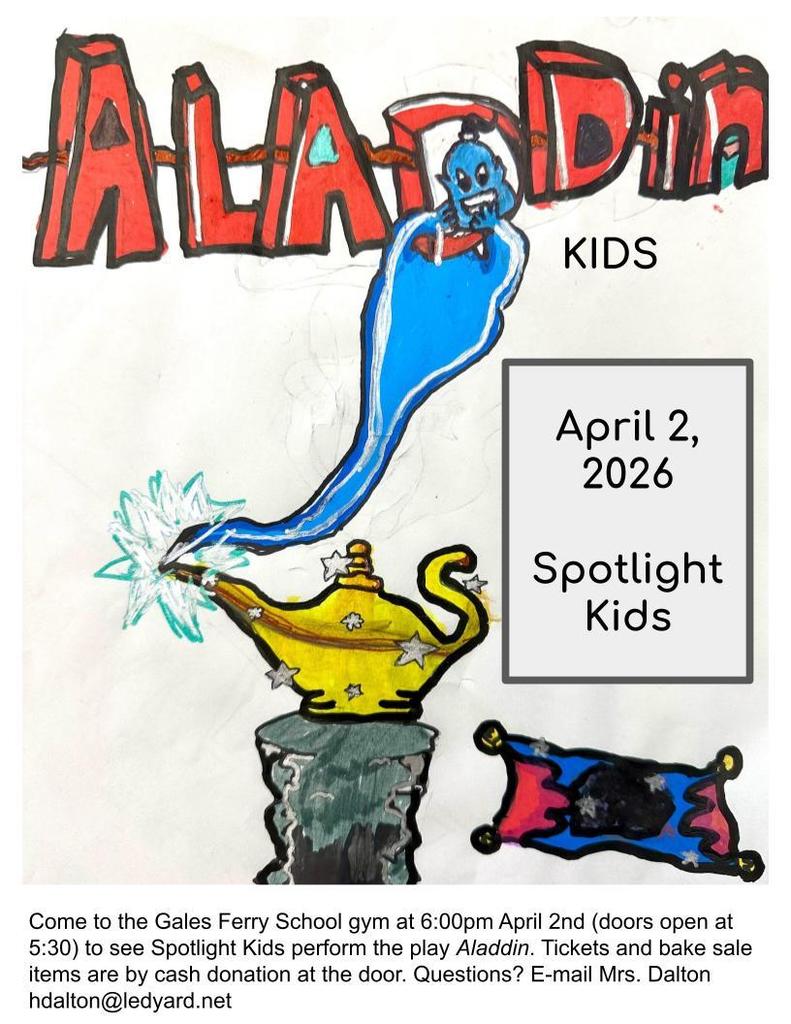 flyer for the Aladin Play at Gales Ferry School April 2, 2026 