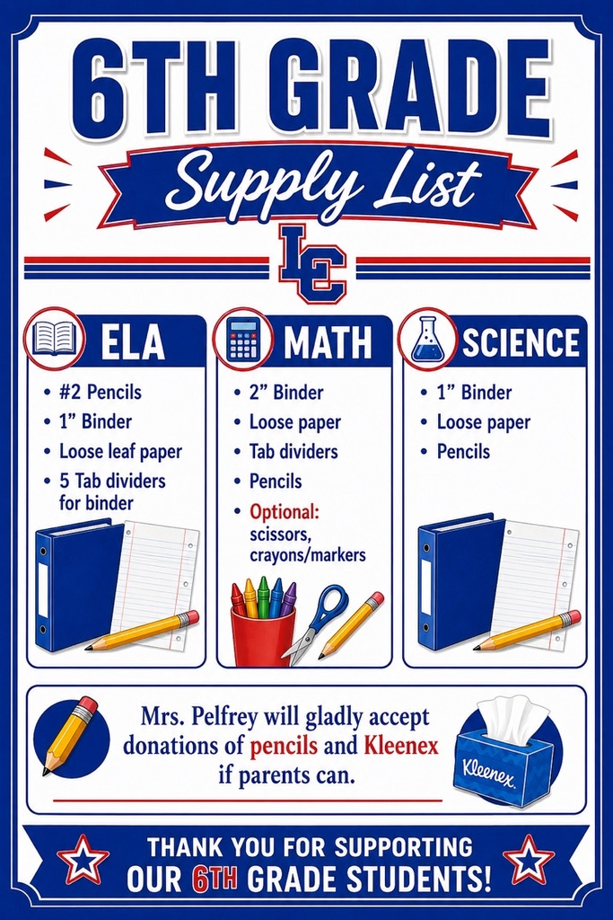 6th Grade Supply List