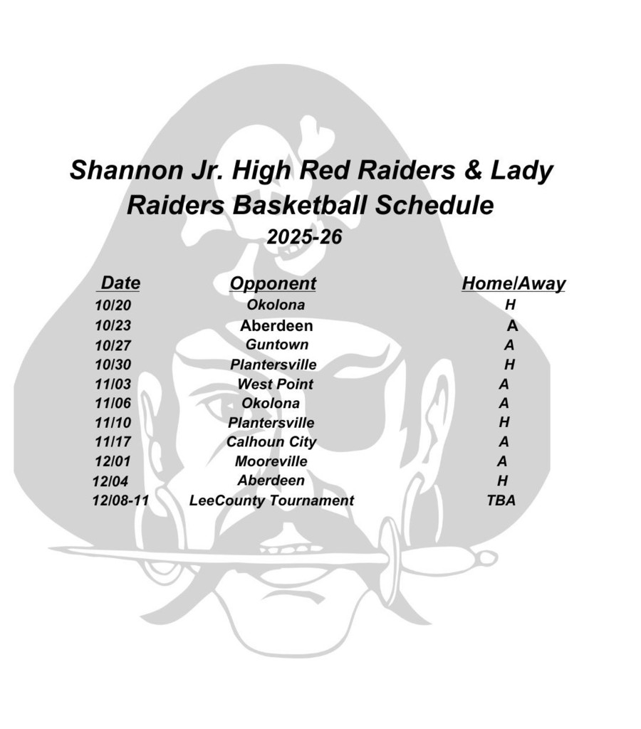 Shannon Middle School/JV Football and Basketball Schedules