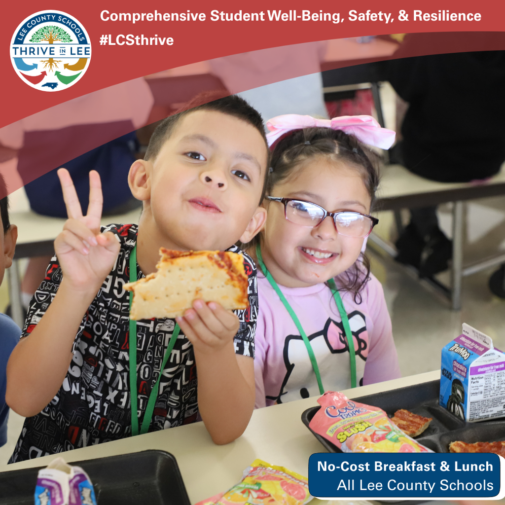 Students eating school lunch with a peace sign and pizza.
