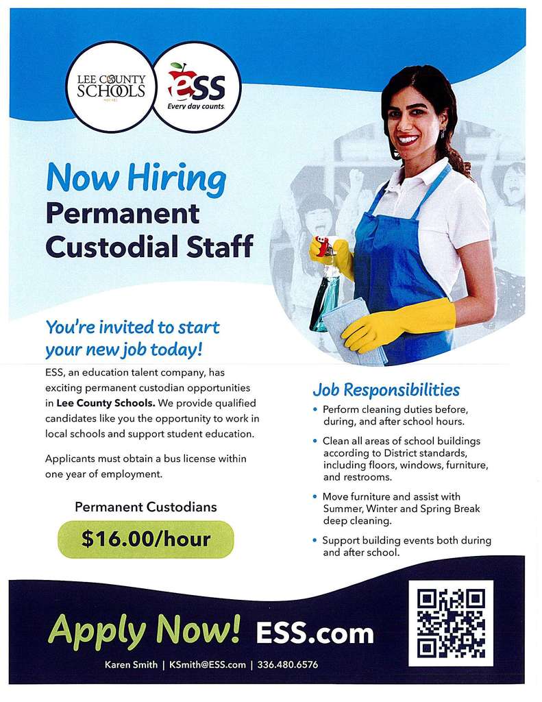 Now hiring Permanent Custodial Staff through ESS for Lee county Schools in NC