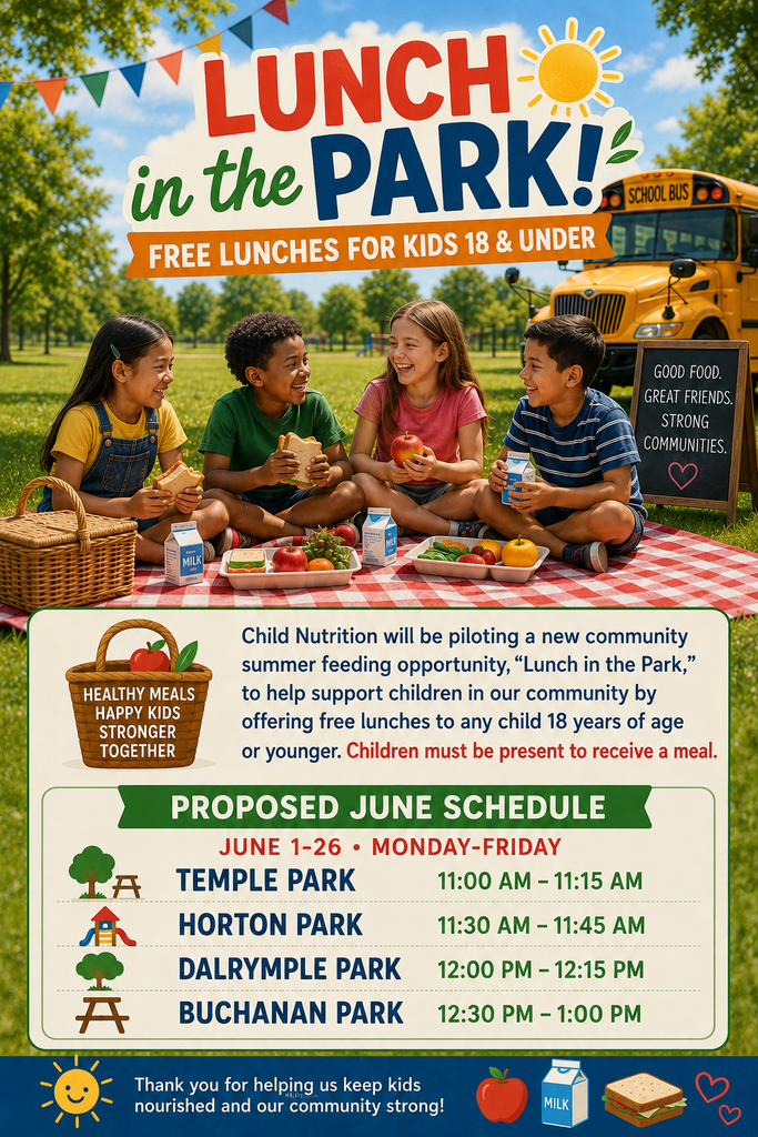New community Lunch in the park for kids 18 years and younger from Lee County Schools Child Nutrition.