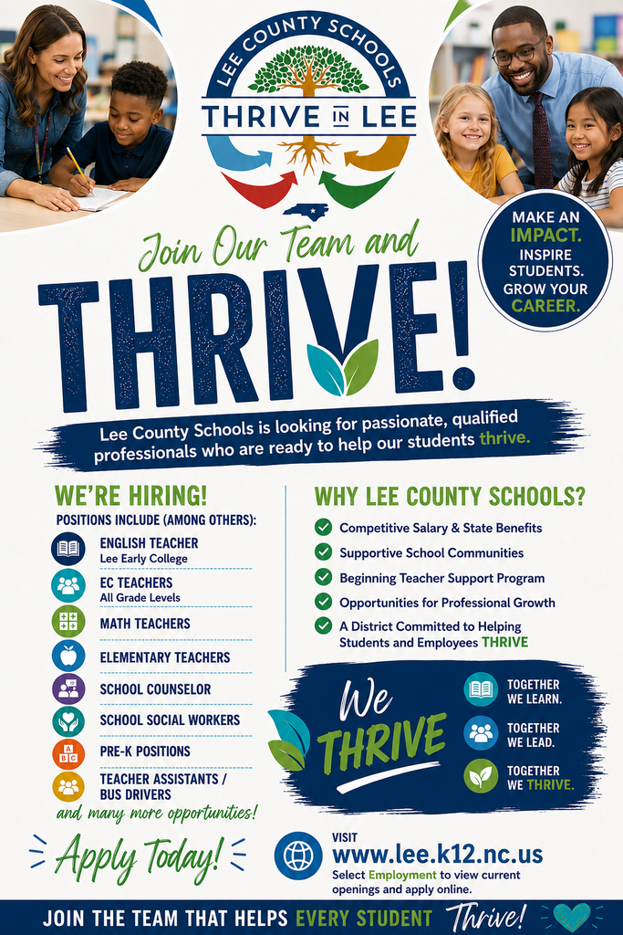 Join Lee County Schools team. Many openings available immediately!