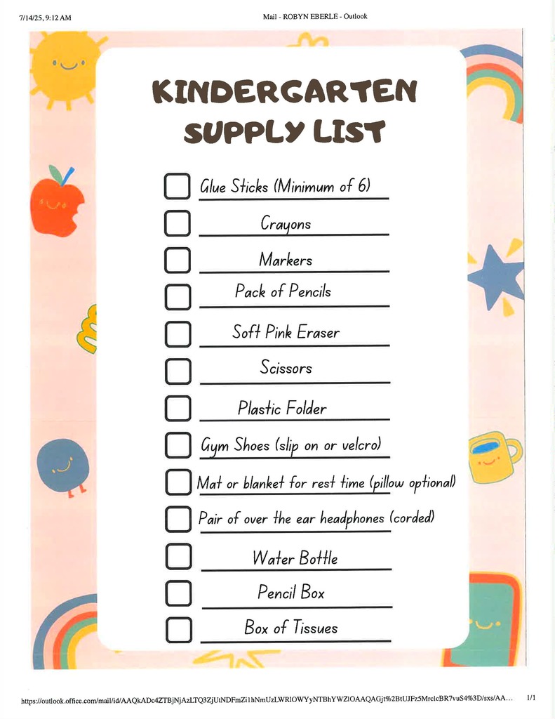 Kindergarten Supply List