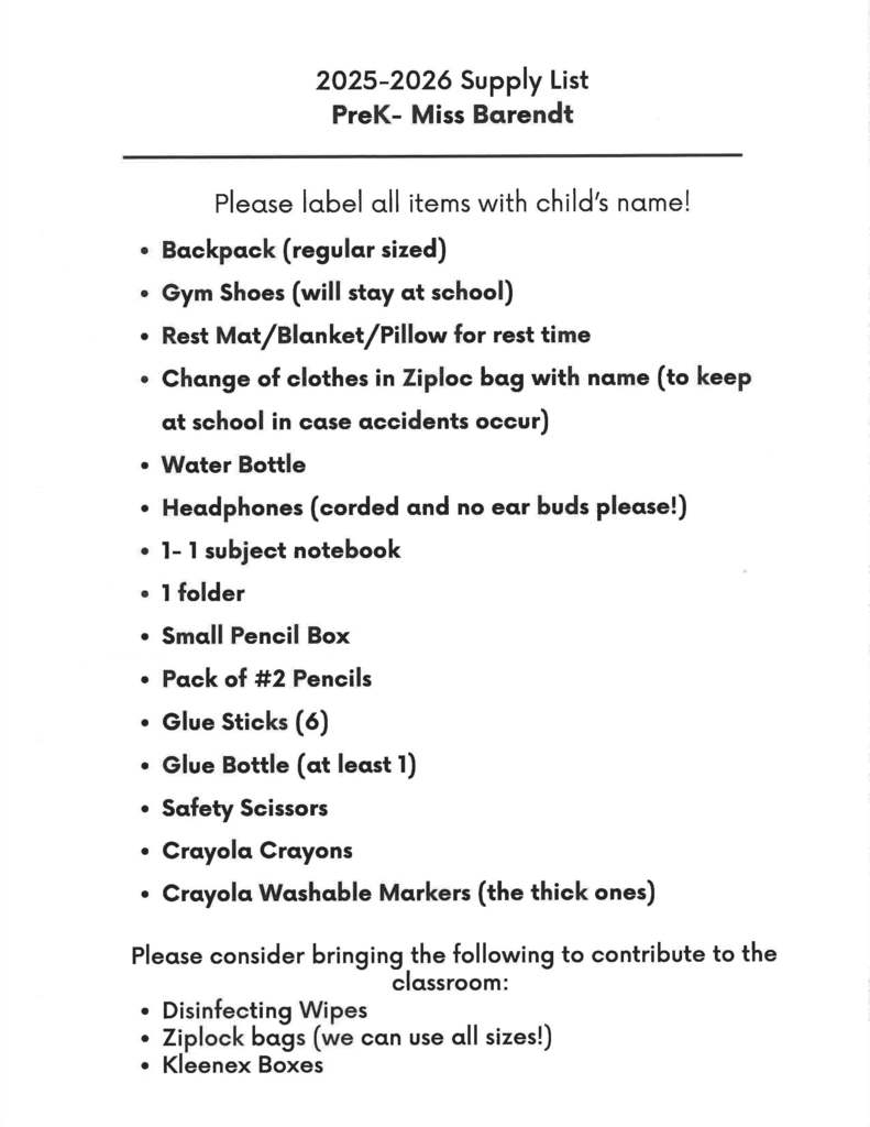 PreK Supply List