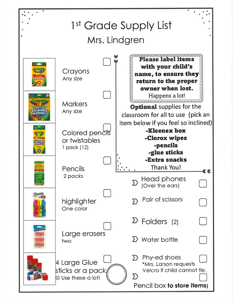 1st Grade Supply List