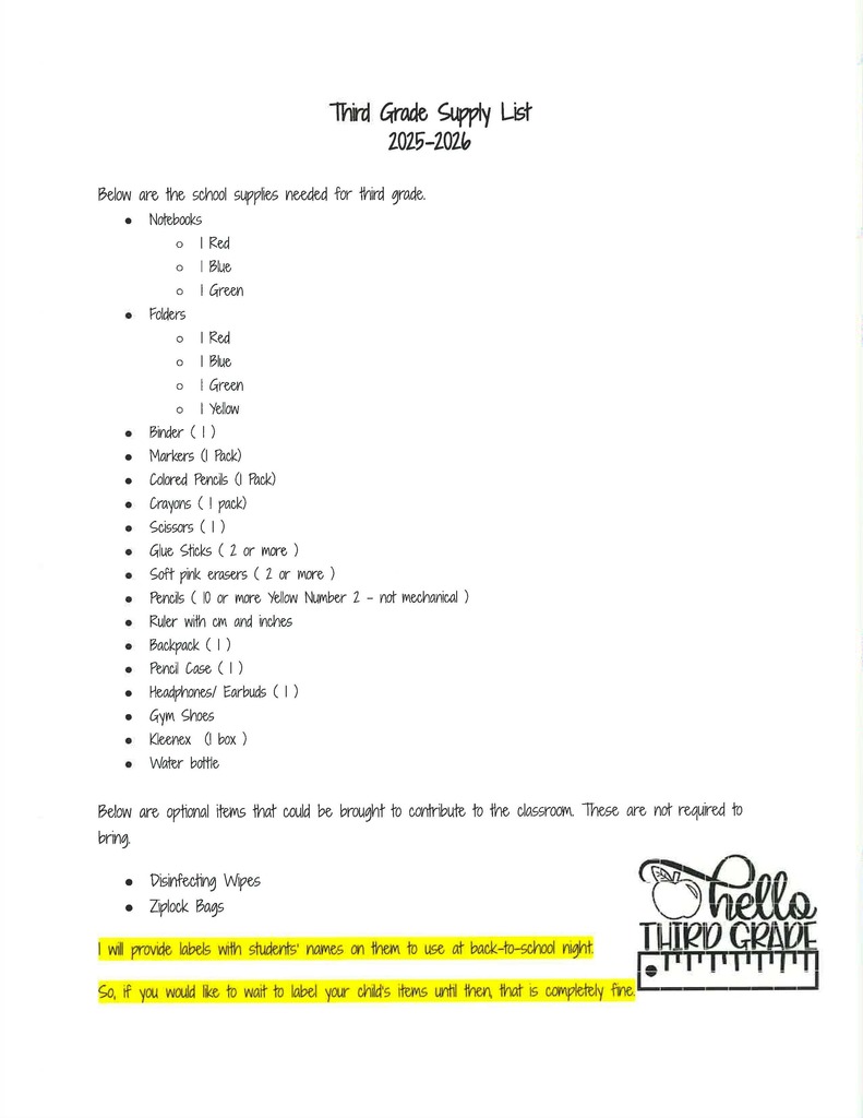 3rd Grade Supply List