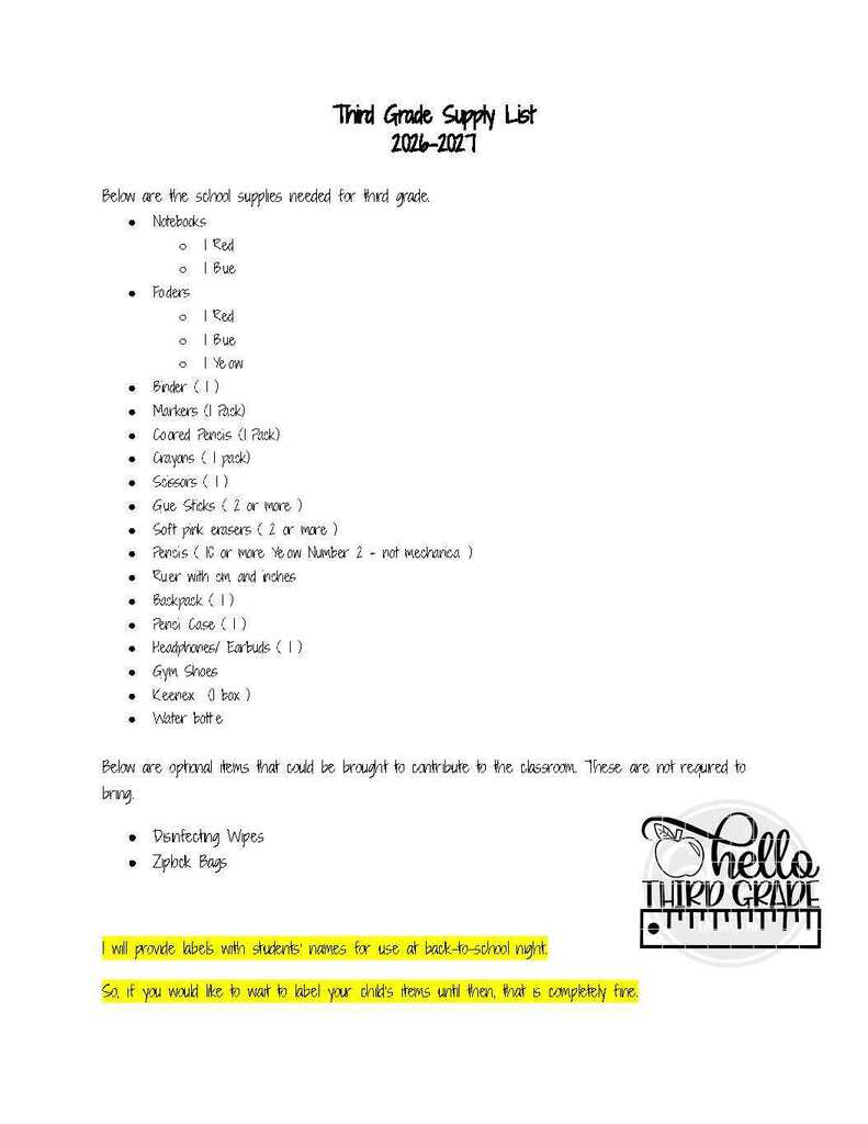 3rd Grade Supply List