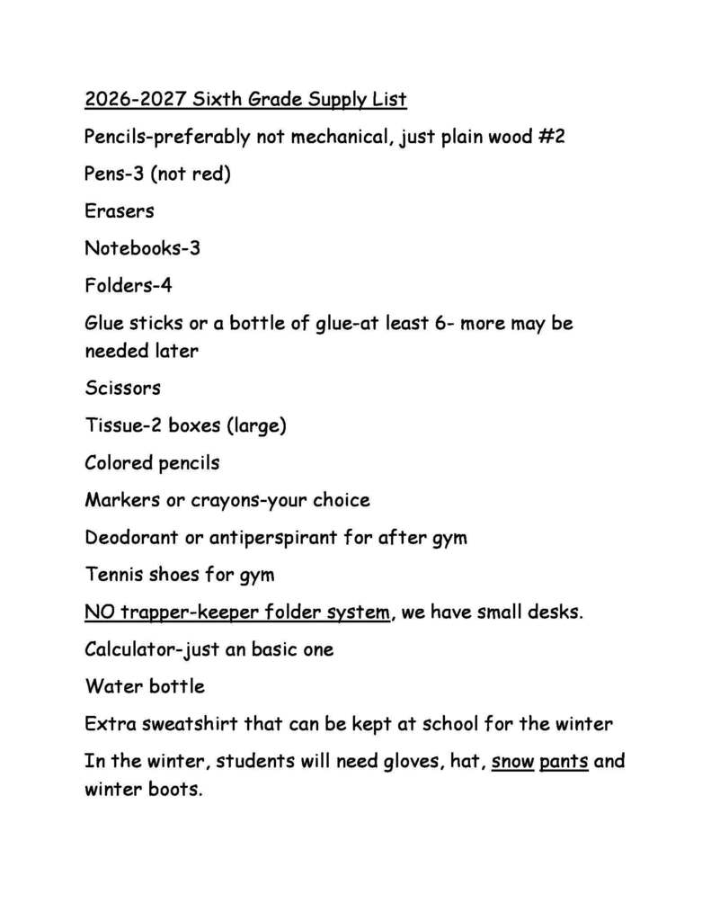6th Grade Supply List