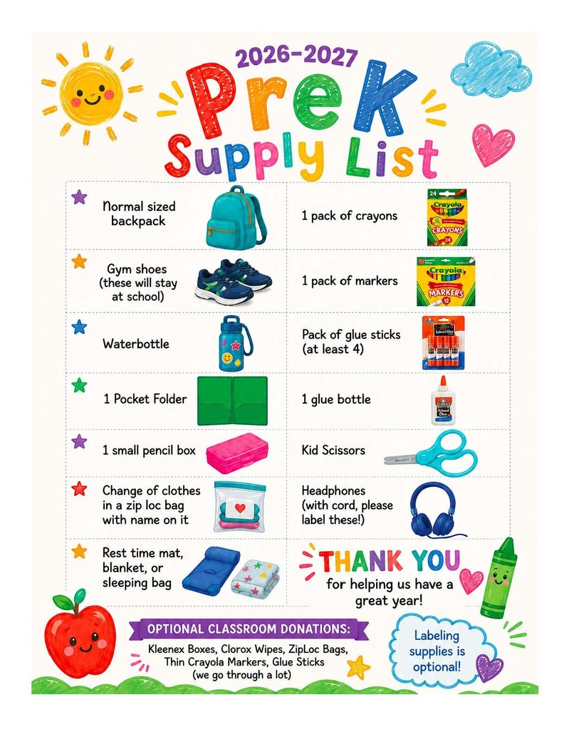 PreK Supply List