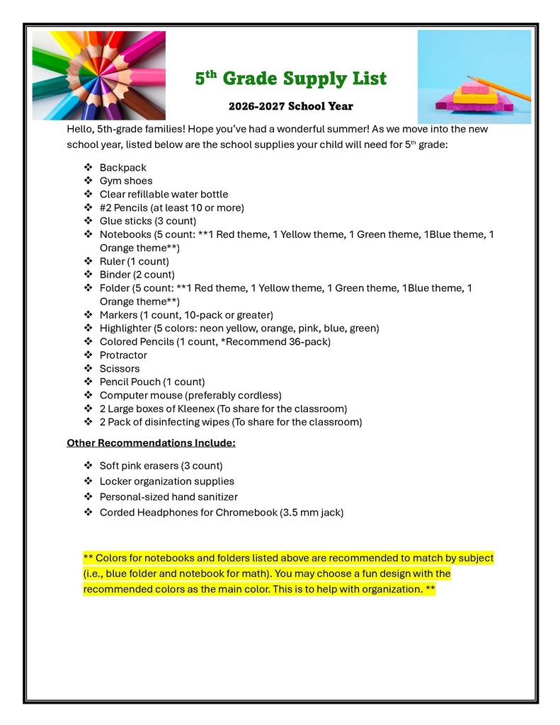 5th Grade Supply List