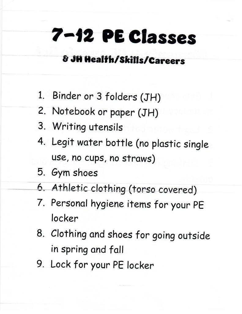 7 - 12 PE Supply List