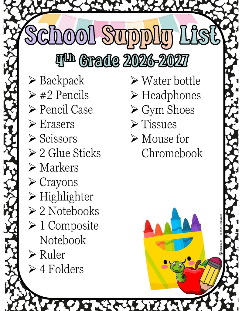 4th Grade Supply List