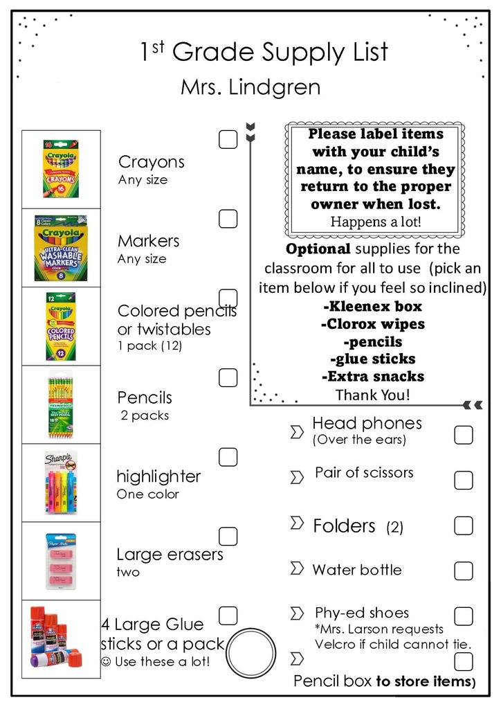 1st Grade Supply List
