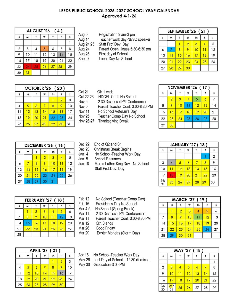 2026 - 2027 School Calendar picture