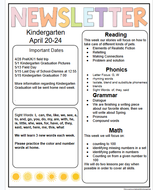 Kindergarten Newsletter
