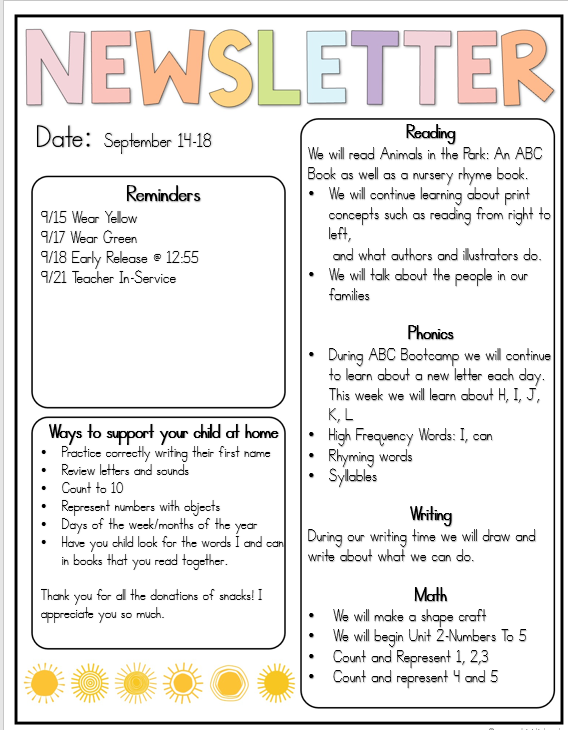 Kindergarten Newsletter