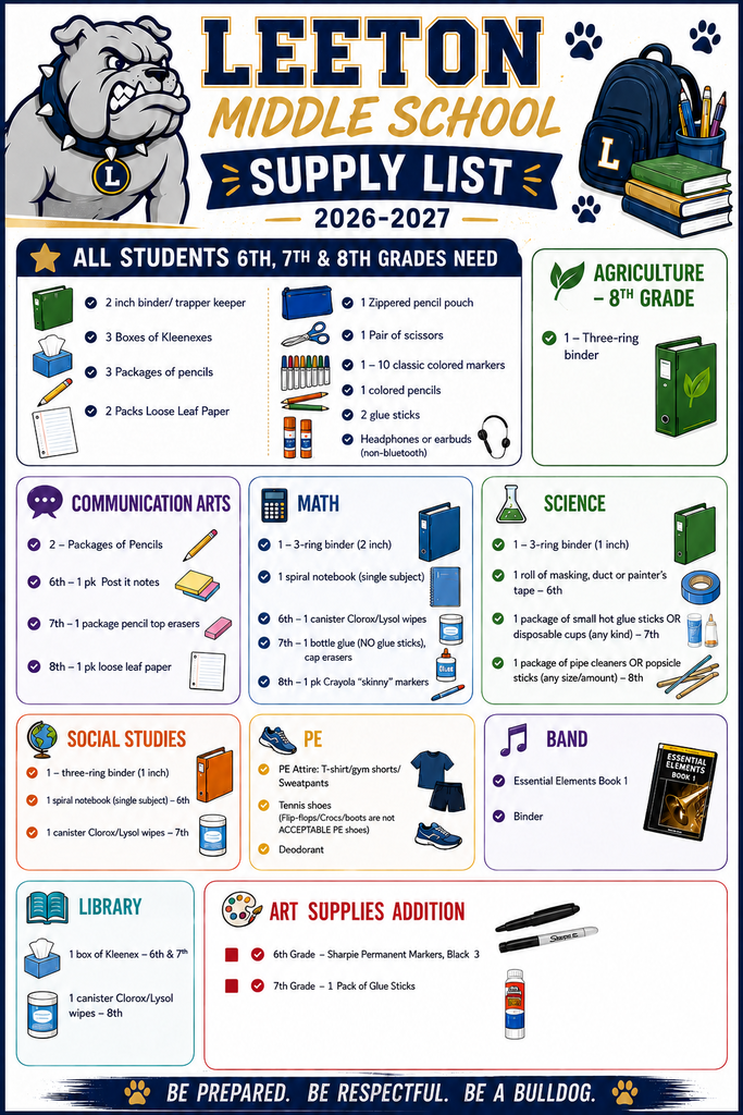 2026-2027 Middle School Supply List