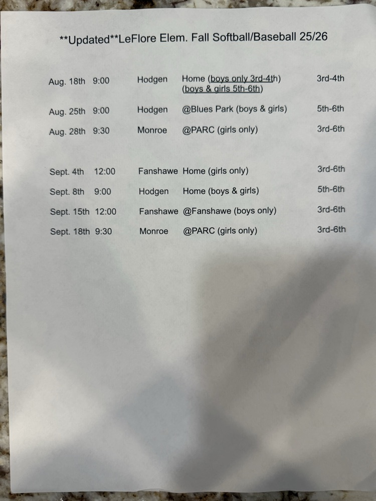 Elementary Softball/Baseball Schedule