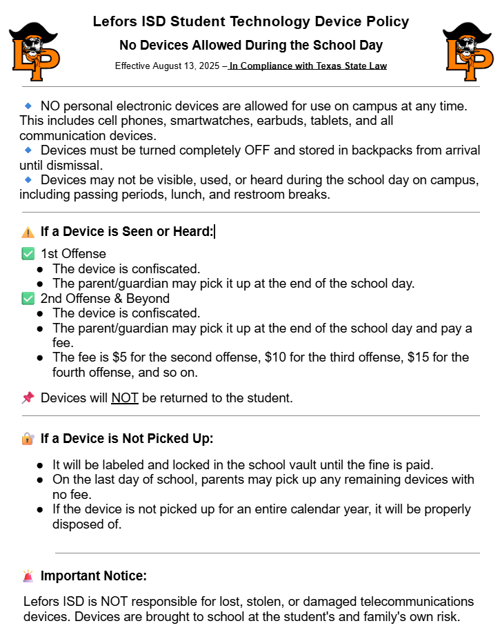LISD guidance concerning the new State Law Banning cell phones in schools.