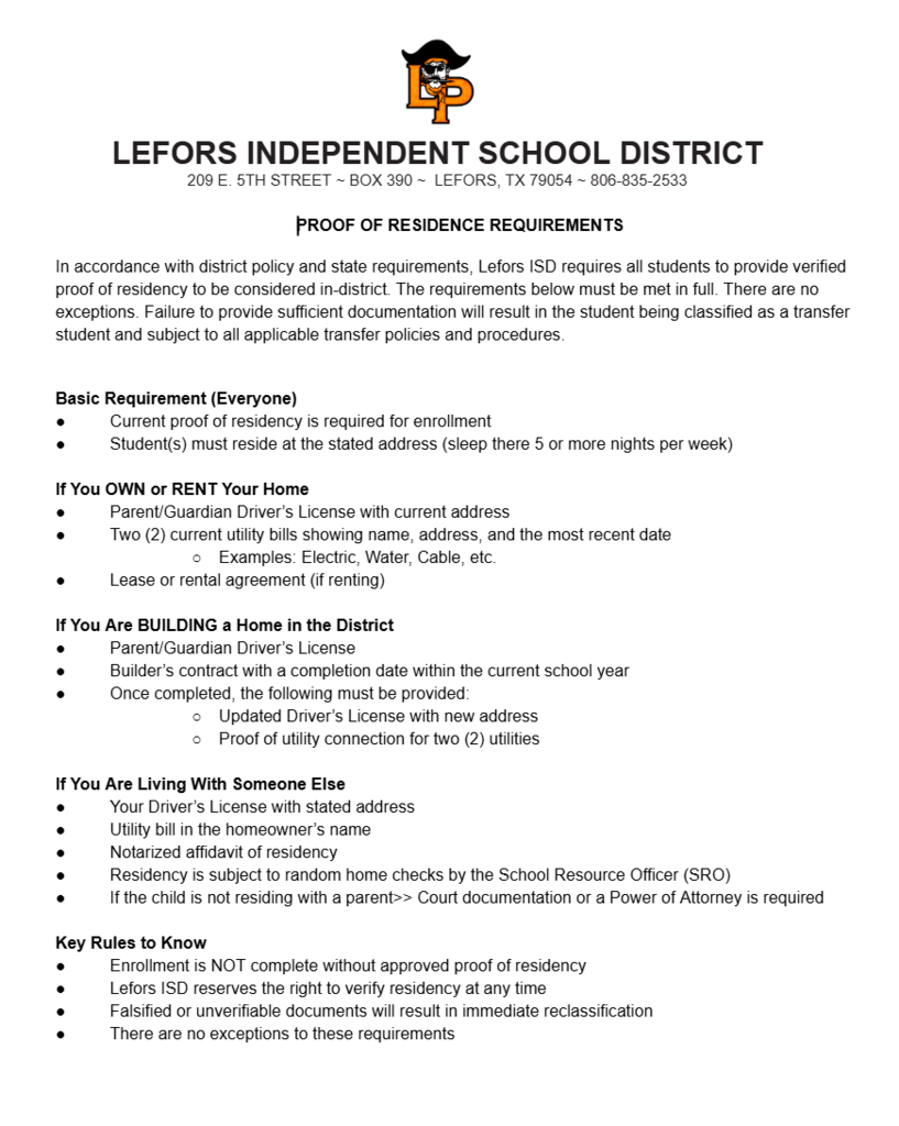 LISD Proof of Residence Requirements