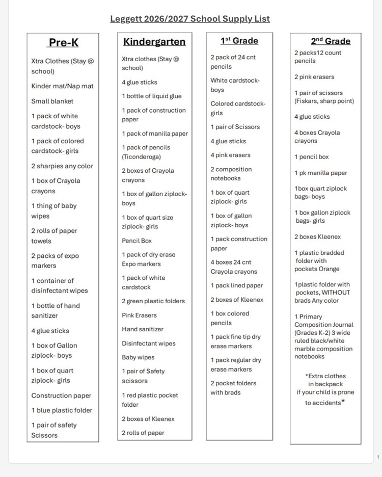 Pre-k -2nd school supply list