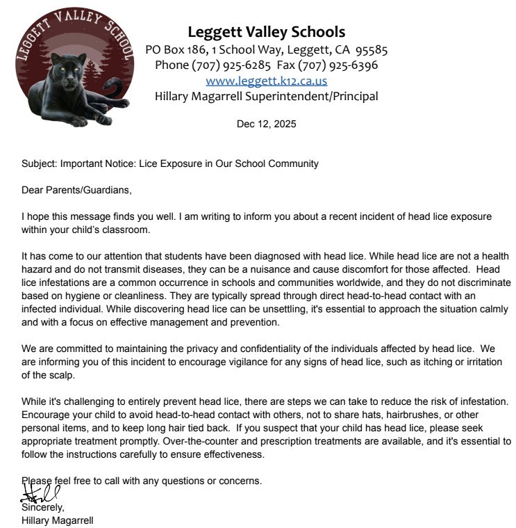 Head lice letter