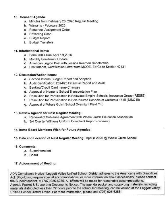 March 16 Board Agenda