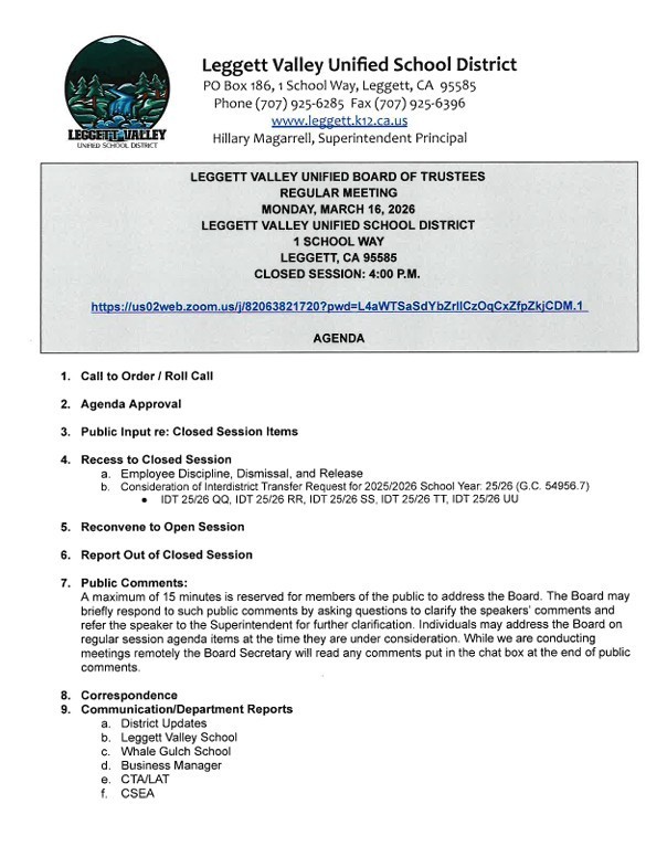 Board Agenda March 16, 2026