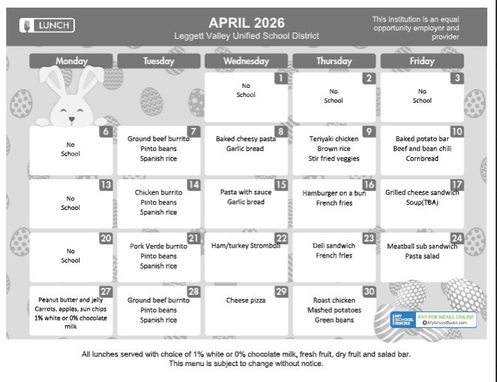 April Lunch Menu 2026