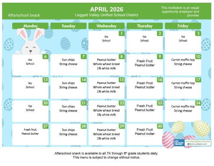 Afterschool Snack Menu 2026