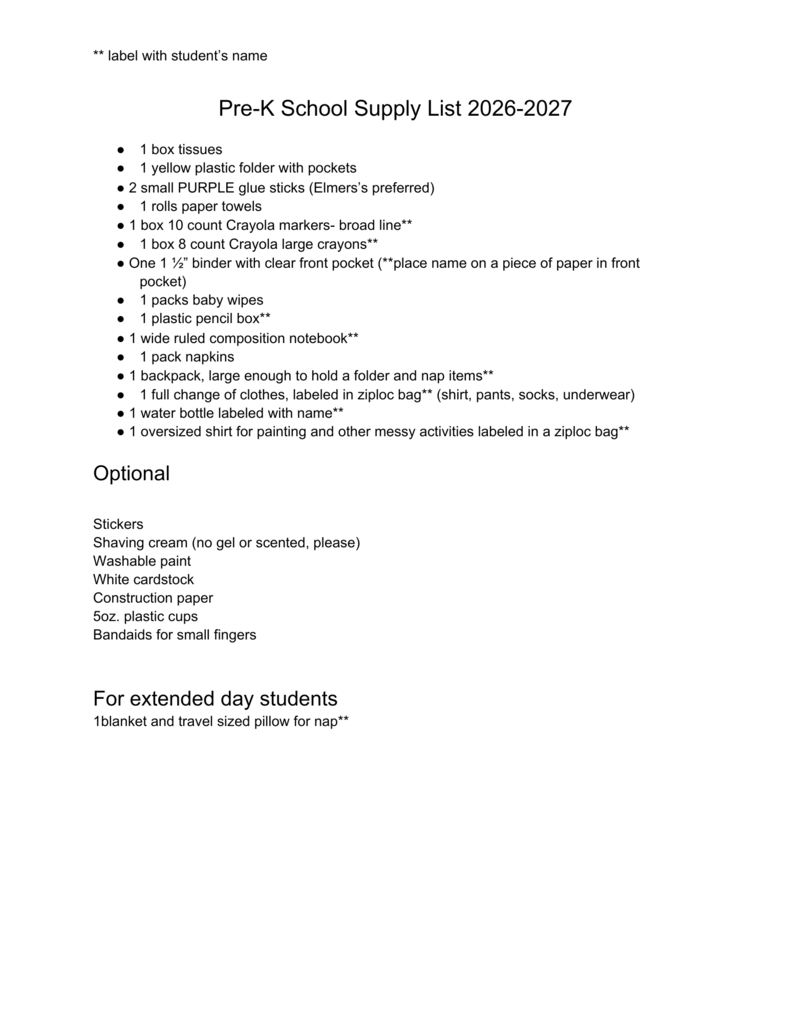Pre-K Supply list 