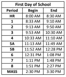 First Day Of School Bell Schedule